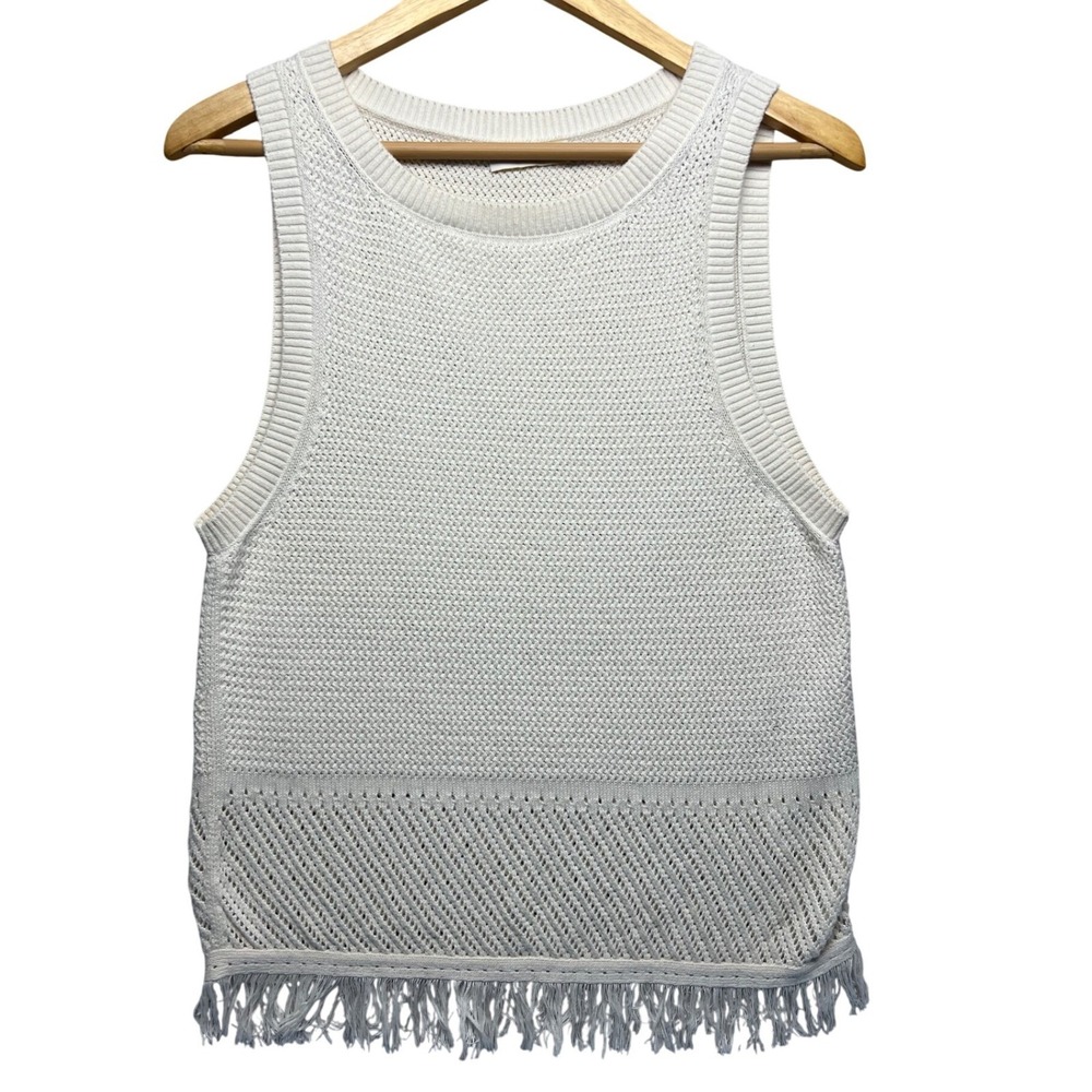 Ramy Brook Ivory Pima Cotton Fringe Knit Sleeveless Sweater Tank Top Large